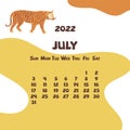 2022 july calendar with abstract shapes and tiger. Vector