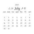 2023 july calendar with cherries and strawberries. Vector