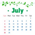 July 2023 Calendar. July 2023 Calendar with Vector daisies and green leaves Illustration