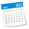 July 2022 Calendar Leaf. Week Starts on Monday. Vector Illustration