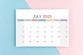 July 2025 calendar page on blue and pink background Royalty Free Stock Photo