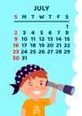 July 2023 calendar page. Vector flat cartoon illustration with cute pirate. Funny boy with spyglass. Template for print