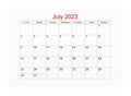 The July 2023 Calendar page for 2023 year isolated on white background, Save clipping path