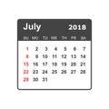 July 2018 calendar. Calendar planner design template. Week start