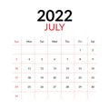 July 2022 calendar and week starts on sunday Royalty Free Stock Photo