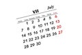 July calender Royalty Free Stock Photo