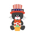 4 july cartoon cute black cat in hat sitting with basket flowers Royalty Free Stock Photo