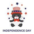 4 july cartoon cute black cat in hat sitting with stars and text Royalty Free Stock Photo