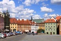 July 14 2020 Cheb/Eger in Czech Republic: Group of medieval houses on main market square, Half-timbered houses