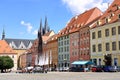 July 14 2020 Cheb/Eger in Czech Republic: Group of medieval houses on main market square, Half-timbered houses