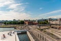 July 26, 2013. Day view of the Opera house and promenade in Oslo, Norway. Tourists enjoy the view of the fjord. Tourists near the Royalty Free Stock Photo