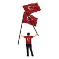 July 15, Democracy and National Unity Day vector drawing. Man holding two Turkish flags on his hand.