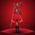 July 15, Democracy and National Unity Day vector drawing. Man holding two Turkish flags on his hand.