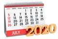 July 2020 Desk Calendar, 3D rendering