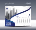 July Desk Calendar 2022 Template flyer design vector, Calendar 2022 design, Wall calendar 2022, planner, Poster, blue calendar