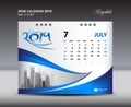 JULY Desk Calendar 2019 Template, Week starts Sunday, Stationery design, flyer design vector