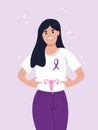 July is fibroid awareness month. A young smiling girl points to the female reproductive organ. A ribbon for a woman