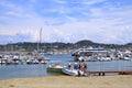 July 18 2021 - Forio, Ischia, Italy: landscape with sea, beach and harbor