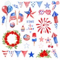 July fourth symbols and elements set in blue, red and white colors of USA flag, isolated. Patriotic decor for design Royalty Free Stock Photo