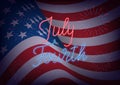 July Fourth. USA Independence Day greeting banner. USA flag background with neon lettering and fireworks Royalty Free Stock Photo