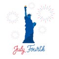 July Fourth. USA Independence Day greeting card. Design layout with custom lettering, fireworks and Statue of Liberty Royalty Free Stock Photo