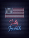 July Fourth. USA Independence Day neon sign. USA National flag and lettering for July 4th celebration