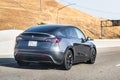 July 26, 2020 Fremont / CA / USA - Tesla Model Y travelling on the freeway in Silicon Valley; East San Francisco bay area