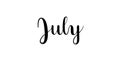 July. Handwritten month name on white background. Black inscription. Modern brush calligraphy style