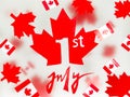 July 1, Happy Canada Day. Red maple leaves and flags on a transparent foggy background. A multi-tiered photo, a Memorial