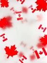 July 1, Happy Canada Day. Red maple leaves and flags on a transparent foggy background. A multi-tiered photo, a Memorial