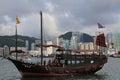 junkboat with typical red sails sailing across victoria harbou 1 July 2012