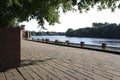 Landscape along Moscow Canal in Shchukino district of Moscow. Sunny summer view. Royalty Free Stock Photo