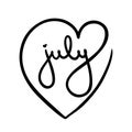 July logo word inside black heart love vector illustration type. Romantic summer poster handwritten lettering. Graphic design