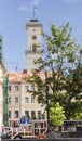 July 22, 2021 Lviv city Ukraine. Svobody Prospekt Lviv. Tourist tram on the background of the town hall tower on Svobody Avenue in