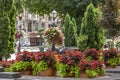 July 22, 2021 Lviv city Ukraine. Svobody Prospekt Lviv. Original lanterns and flowers and landscaping on Svobody Avenue in Lviv