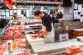 Frozen and cold meat for sale in a butcher shop at French market