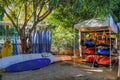 July 2014 Mauritius,Africa. Surfing school. Surf school equipment on the beach