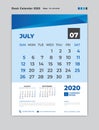 JULY 2020 Month template, Desk Calendar for 2020 year, week start on sunday, planner, stationery, Blue Concept