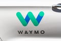 July 16, 2019 Mountain View / CA / USA - Close up of Waymo logo on the side of one of their self driving cars, in testing at this