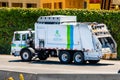 July 19, 2019 Mountain View / CA / USA - Recology vehicle driving on the freeway, heading to a landfill; Recology is providing Royalty Free Stock Photo