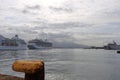 July 14 2021 - Naples, Italy: Port of Naples with cruise ships in front of the vesuv mountain