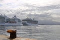 July 14 2021 - Naples, Italy: Port of Naples with cruise ships in front of the vesuv mountain