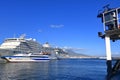 July 14 2021 - Naples, Italy: Port of Naples with cruise ships in front of the vesuv mountain