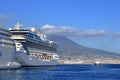 July 14 2021 - Naples, Italy: Port of Naples with cruise ships in front of the vesuv mountain