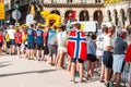 Norwegian sport fans and spectators waiting for bicycle race in Paris, famous Tour De France Royalty Free Stock Photo