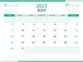 Calendar 2023 template vector on green background, July 2023 template, Planner, week start on Sunday, Desk calendar 2023 design