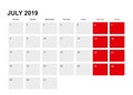 2019 July planner calendar design. Week starts from Monday