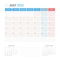 July 2022 Planner Calendar Week starts on Monday. Royalty Free Stock Photo