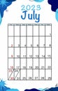 July planner calendar 2023 year. English vector vertical calendar template. Minimalistic design. Week starts on Sunday