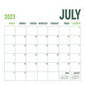 July. Planner 2023 year. English vector square calendar template. Minimalistic design. Week starts on Sunday